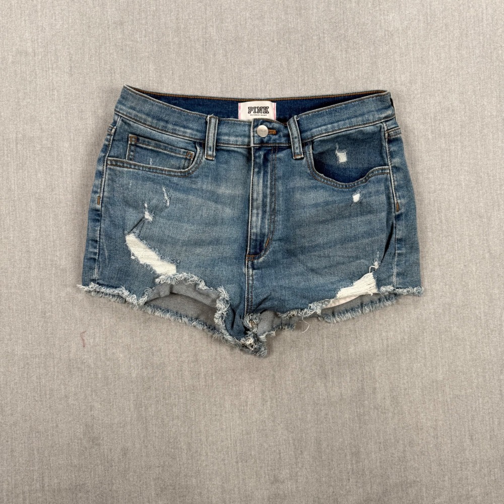 Pink Victoria's Secret Distressed Denim Shorts Medium Wash Cutoff Size 10